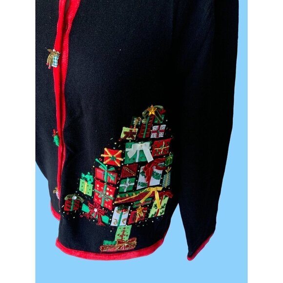 BEREK LADIES VINTAGE LS BLACK CHRISTMAS PACKAGE CARDIGAN SWEATER EUC L - Picture 4 of 6